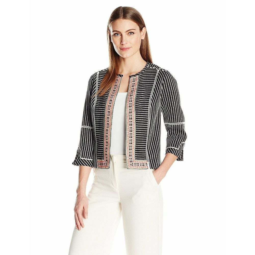 New! Rafaella Women's Textured Embroidered Black Striped Jacket Blazer Medium